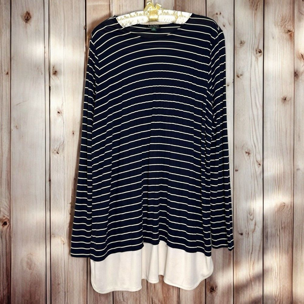 LRL Ralph Lauren‎ 3X Blouse Faux Under Shirt Viscose Stretch Navy Stripe Top